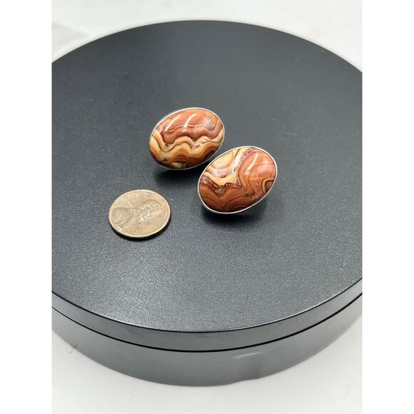 Silver Creations Gundi Vintage Sterling Silver Banded Agate Oval Pierced Earring - Picture 2 of 12
